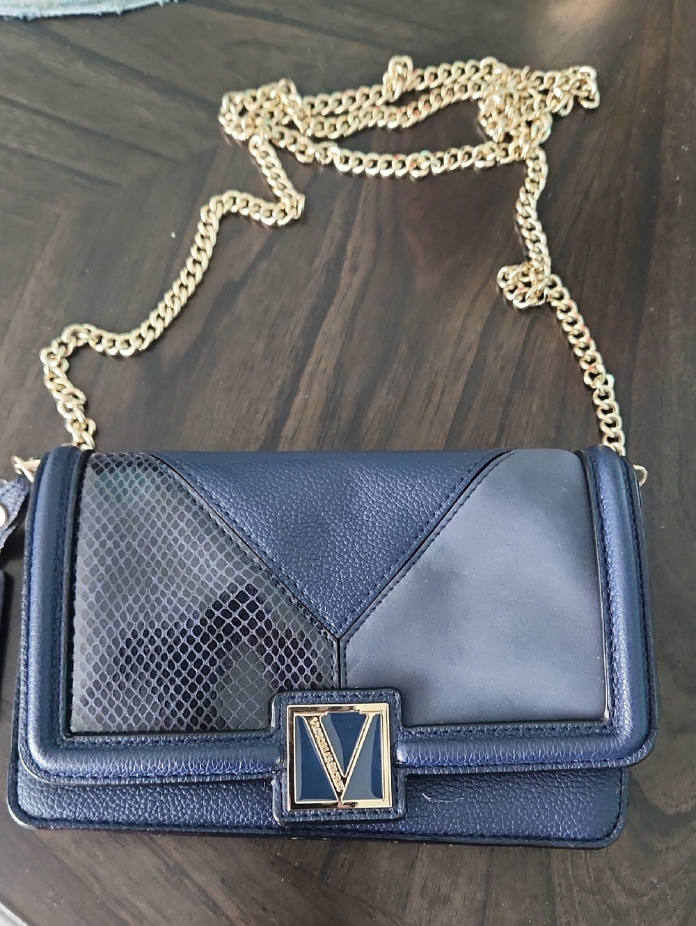 Victoria's Secret Navy and Gold Patchwork Chain Crossbody